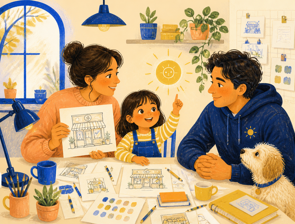 A parent and child sharing a bright idea for their small shop