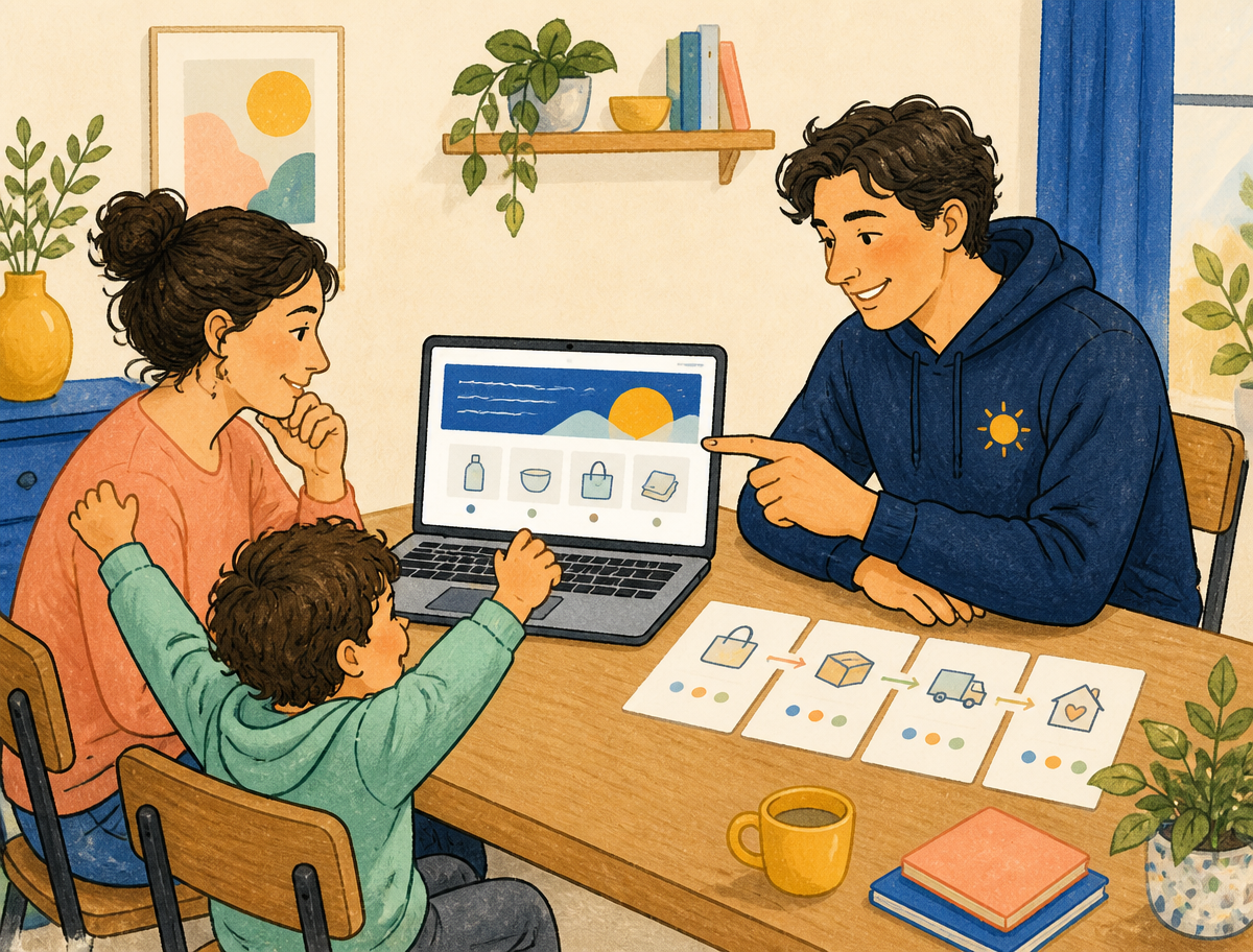 A parent happily using the finished business system while Nicholas the Agent helps